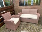 Bank + fauteuil wicker met kussens, Ophalen, Gebruikt, 3 zitplaatsen, Wicker