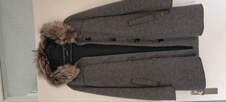 Herfstjas met capuchon en bontkraag, 58%wol mt 42, Kleding | Dames, Jassen | Winter, Zo goed als nieuw, Maat 42/44 (L), Grijs