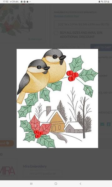 Geborduurde Wintervogels in landschap  op lapje stof beschikbaar voor biedingen