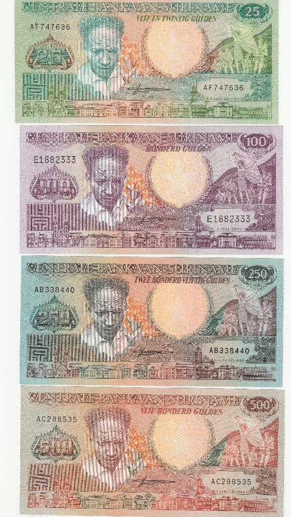 mooie set biljetten van 25-100-250-500 suriname ongebruikt, Postzegels en Munten, Bankbiljetten | Amerika, Ophalen of Verzenden