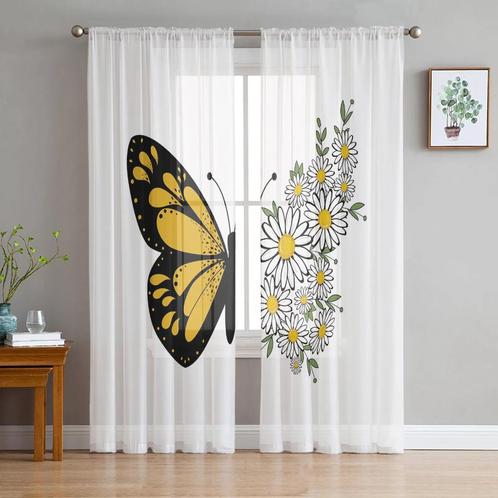 Zwarte Vlinder Met Bloemen Gordijnen Inbetween Wit Gordijn, Huis en Inrichting, Stoffering | Gordijnen en Lamellen, Nieuw, Wit