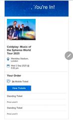 Coldplay 2 staanplaatsen Wembley, Londen 3 september, Tickets en Kaartjes, Twee personen, September