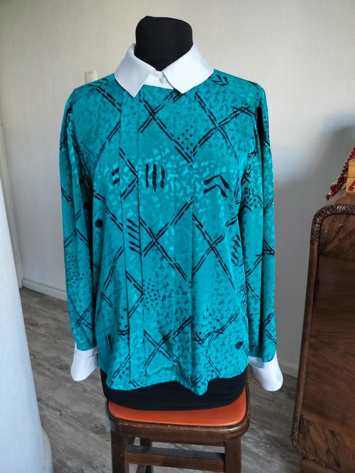 Vintage blouse met witte kraag, Kleding | Dames, Blouses en Tunieken, Zo goed als nieuw, Maat 38/40 (M), Groen, Ophalen of Verzenden