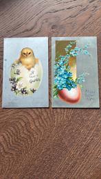 Pasen.2 zilverkleurige kaarten.Kuiken,ei,vergeet-mij-nietjes, Verzamelen, Ophalen of Verzenden, Voor 1920, Gelopen