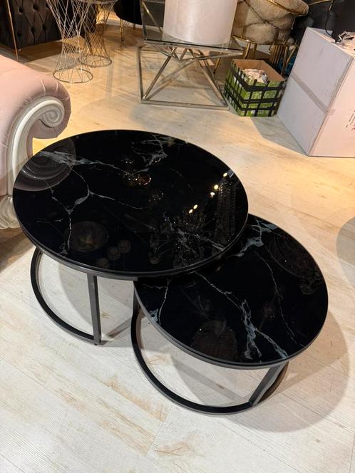 Marmerlook Glazen Ronde Salontafel- Set van 2-Zwart, Huis en Inrichting, Tafels | Salontafels, Minder dan 50 cm, 50 tot 100 cm