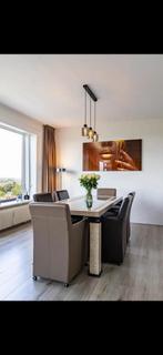 Set van 6 leren eetkamerstoelen - bruin en beige, Ophalen, Gebruikt, Bruin, Leer