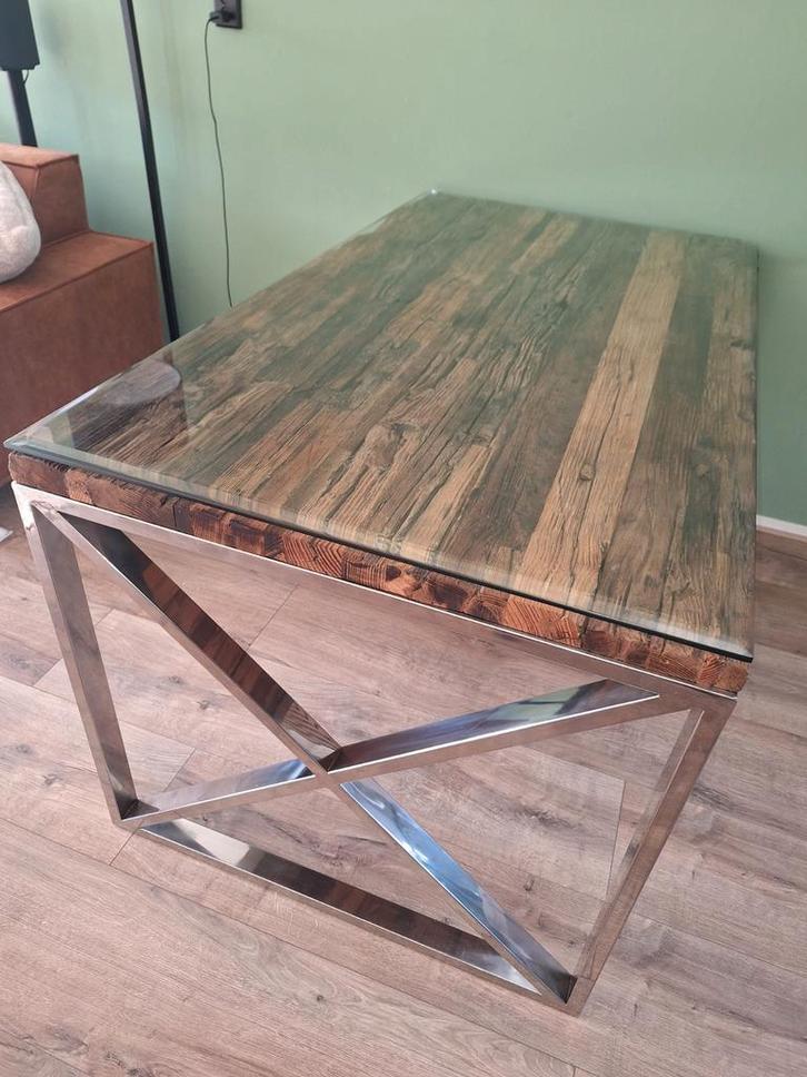 Unieke Eettafel met Railway Hout & Metalen Onderstel 160x90, Huis en Inrichting, Tafels | Eettafels, 50 tot 100 cm, 150 tot 200 cm