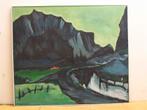Grote schilderij van een berglandschap 1975 38593, Gebruikt, 125 cm of meer, Ophalen of Verzenden, Schilderij