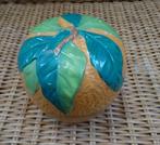 Antieke majolica oranje groene dekselpot rond, gemerkt kroon, Verzenden