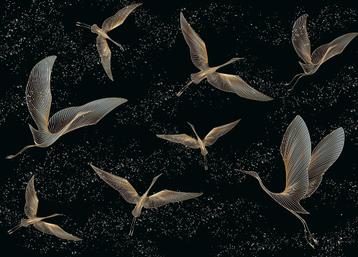 Golden Cranes vlies fotobehang - Kraanvogels - 375 x 270 cm beschikbaar voor biedingen