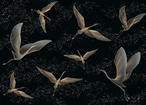Golden Cranes vlies fotobehang - Kraanvogels - 375 x 270 cm, Huis en Inrichting, Stoffering | Behang, minder dan 10 m², Verzenden