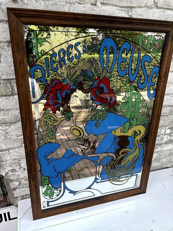 Bierreclame spiegel vintage Jugendstil "Bières de la Meuse", Verzamelen, Biermerken, Zo goed als nieuw, Reclamebord, Plaat of Schild