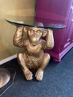 Gouden aap bijzettafel met glazen plaat, Minder dan 55 cm, Gebruikt, Rond, Glas