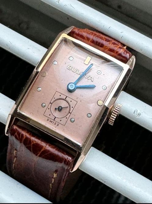 Vintage 14 karaat rosé gouden Bulova Tank, Sieraden, Tassen en Uiterlijk, Horloges | Dames, Goud, Leer, Ophalen of Verzenden