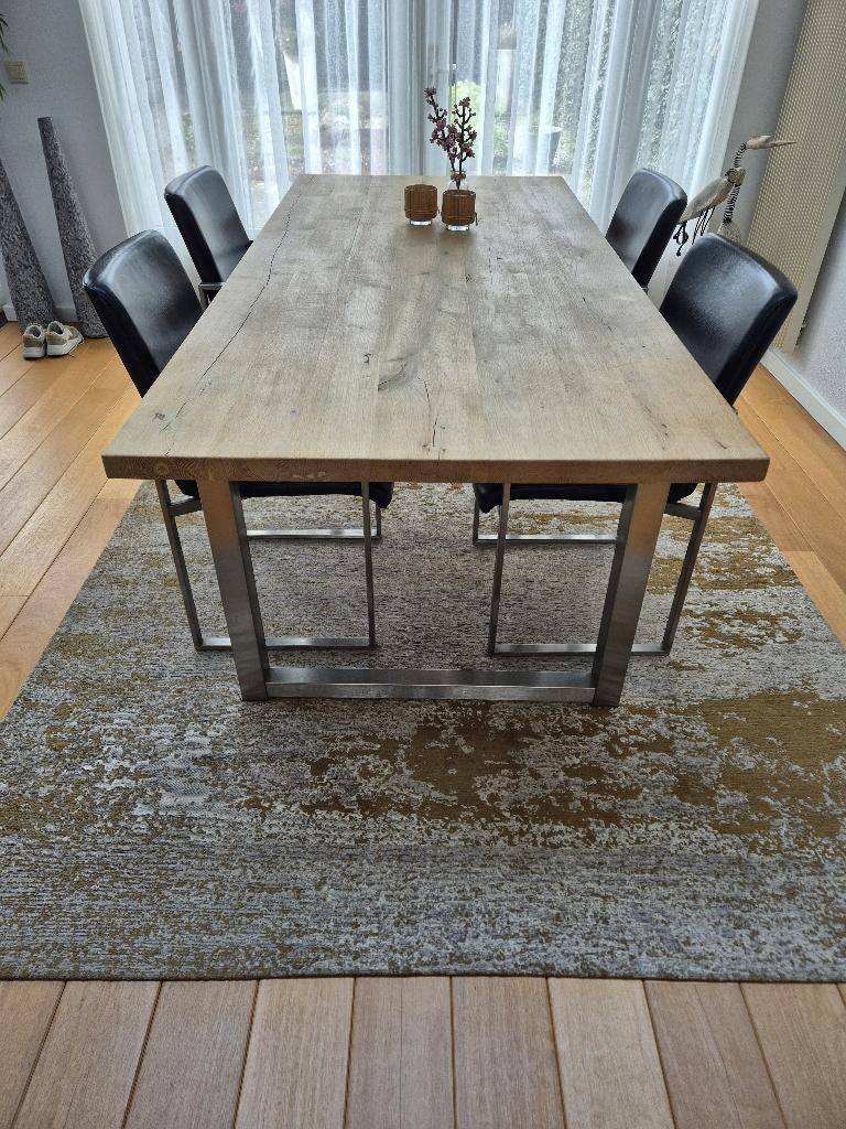 Eiken eettafel met RVS onderstel + 4 stoelen, Huis en Inrichting, Tafels | Eettafels, Ophalen, Gebruikt, Eikenhout, 200 cm of meer