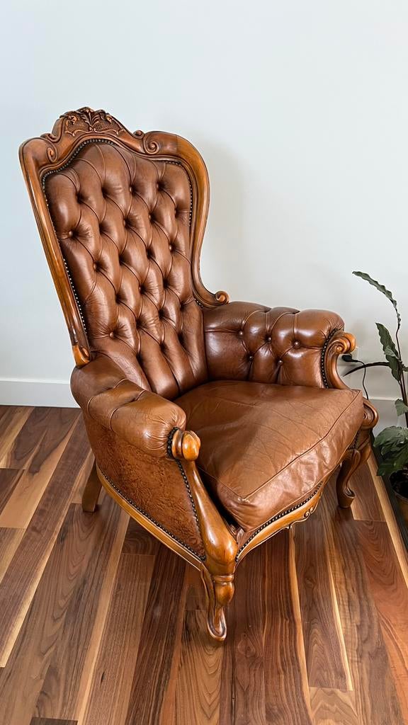 Chesterfield Queen Anne fauteuil leer bruin, Ophalen of Verzenden, Zo goed als nieuw