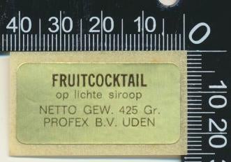 Sticker: Profex - Fruitcocktail op lichte siroop - Uden, Verzamelen, Stickers, Zo goed als nieuw, Bedrijf of Vereniging, Ophalen of Verzenden