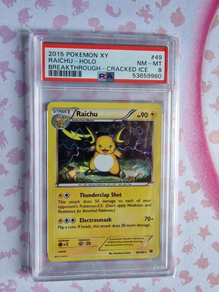 2015 Pokemon XY Raichu Holo Cracked Ice PSA 8, Ophalen of Verzenden, Zo goed als nieuw, Losse kaart, Foil