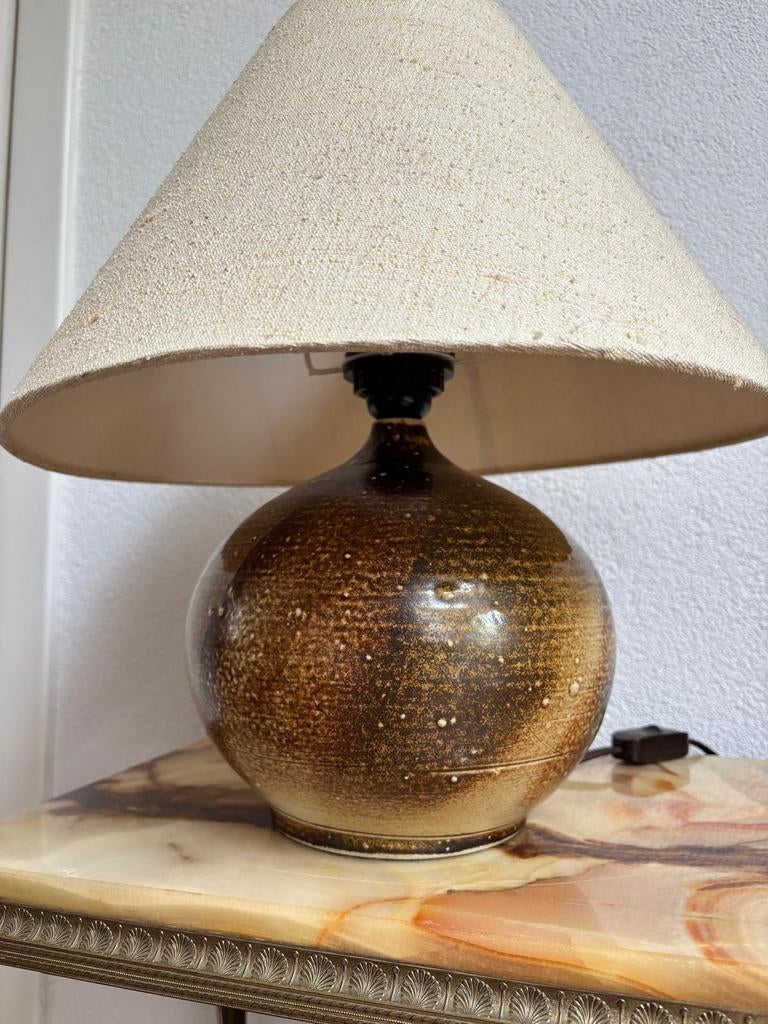 Vintage tafellamp, keramiek, bruin, beige., Ophalen of Verzenden, Zo goed als nieuw, Minder dan 50 cm