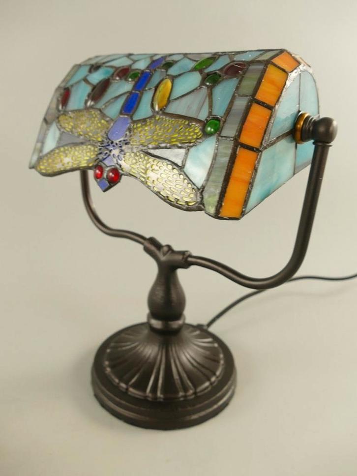 Tiffany Bankierslamp met Libelle Design - E27, 33 cm hoog, Antiek en Kunst, Antiek | Lampen, Ophalen of Verzenden