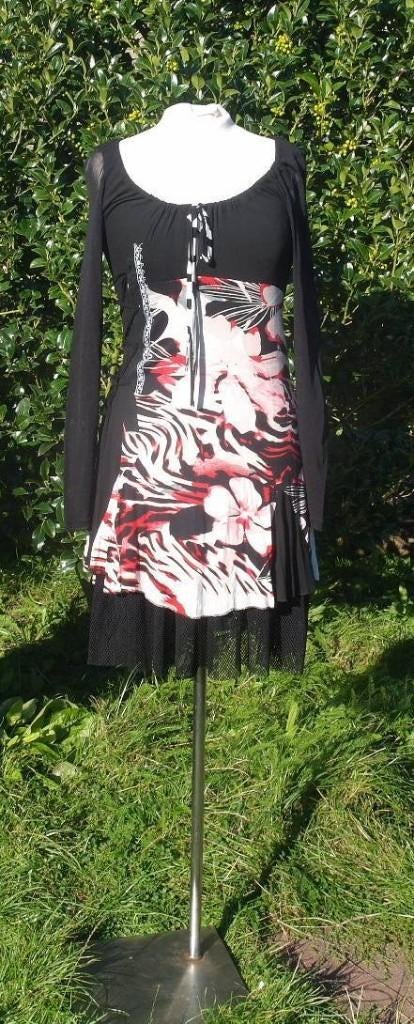 Stoere NIEUWE zwarte jurk mt M / L, roze print EXQUISS'S, Maat 38/40 (M), ., Zwart, Nieuw