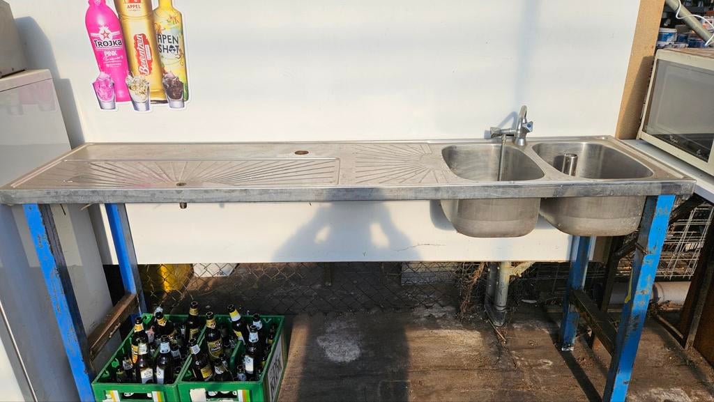 RVS Barblad 200x50cm met Dubbele Spoelbak en Kraan, Huis en Inrichting, Barren, Ophalen