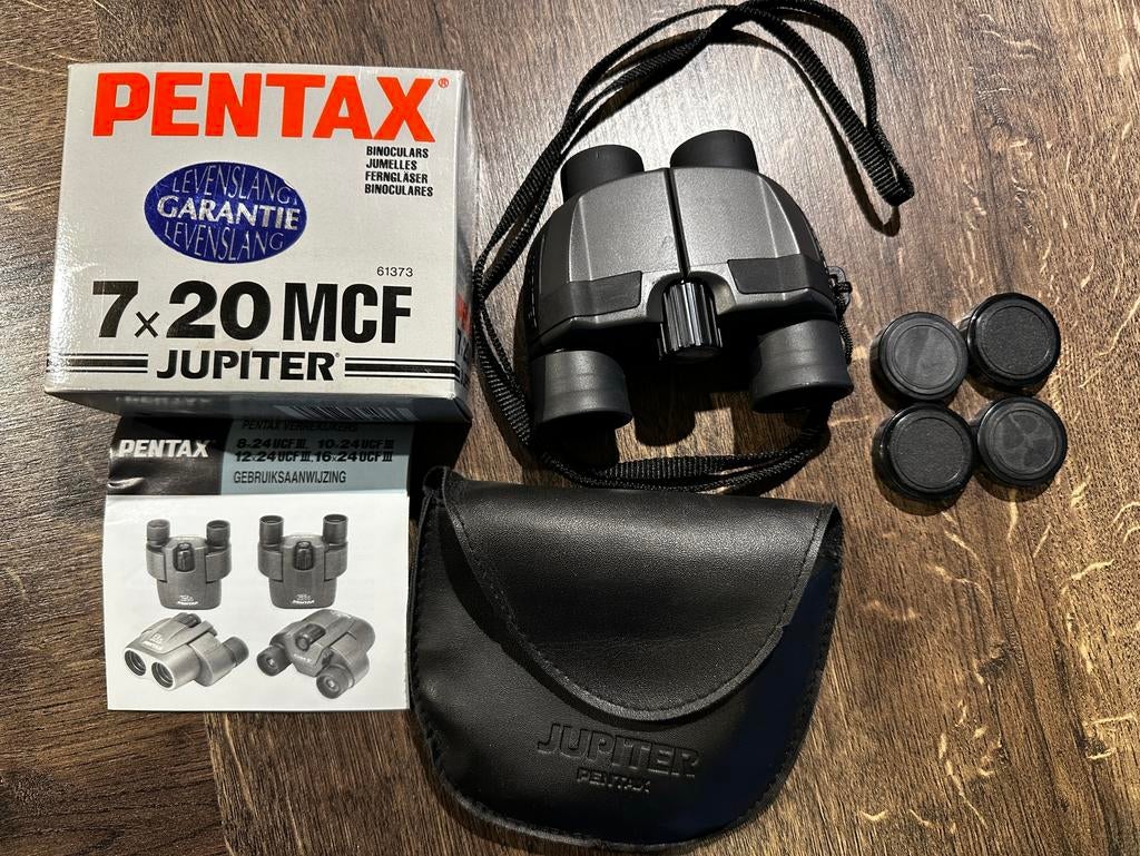 Pentax jupiter 7x20 mcf, Minder dan 8x, Zo goed als nieuw, Met hoes of tas, Porro (met knik)