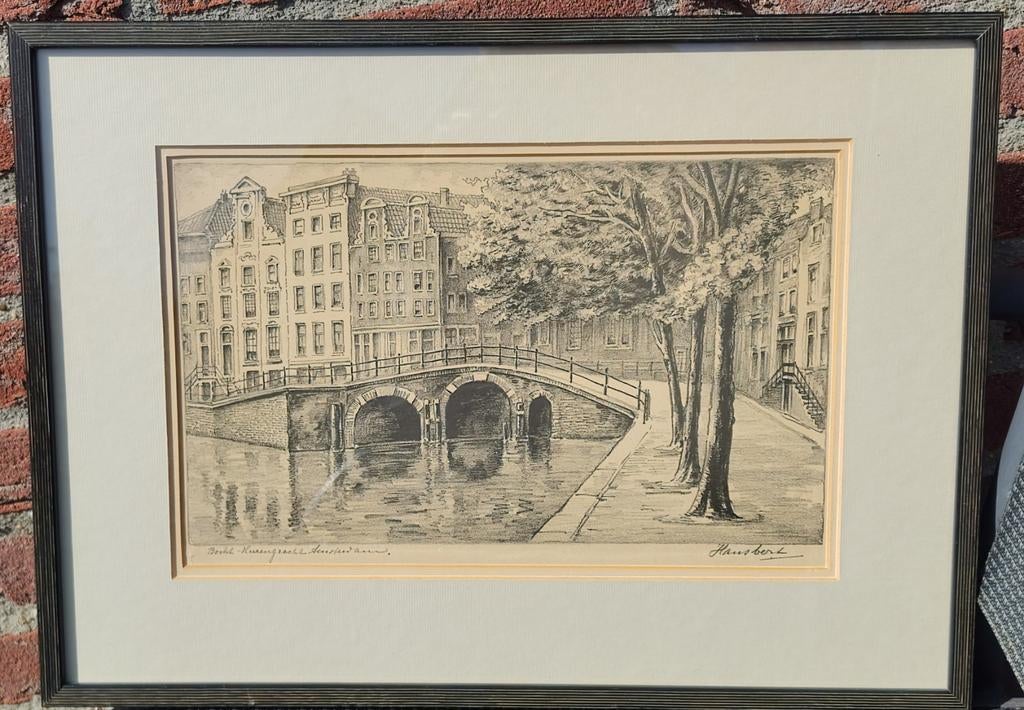 Bocht Herengracht Amsterdam door Hans bert, ingelijst, Antiek en Kunst, Kunst | Tekeningen en Foto's, Ophalen of Verzenden