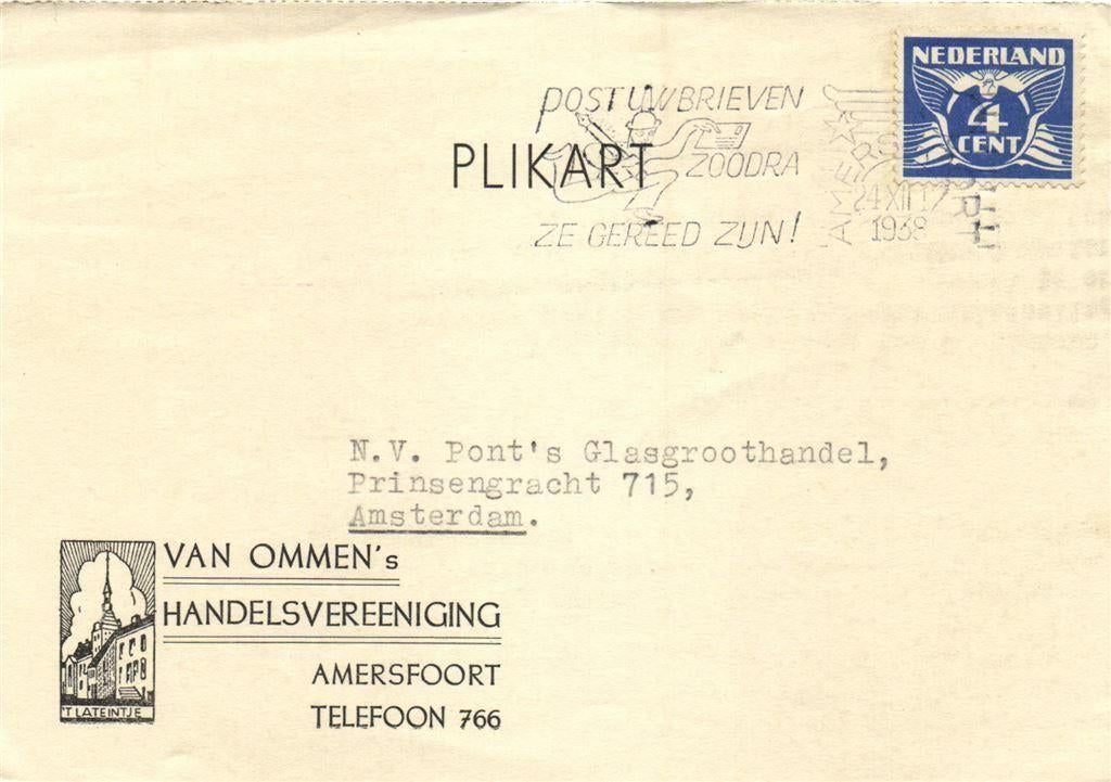 Van Ommen Handelsvereeniging, Amersfoort - 12.1938 - plikart, Postzegels en Munten, Ophalen of Verzenden, Briefkaart