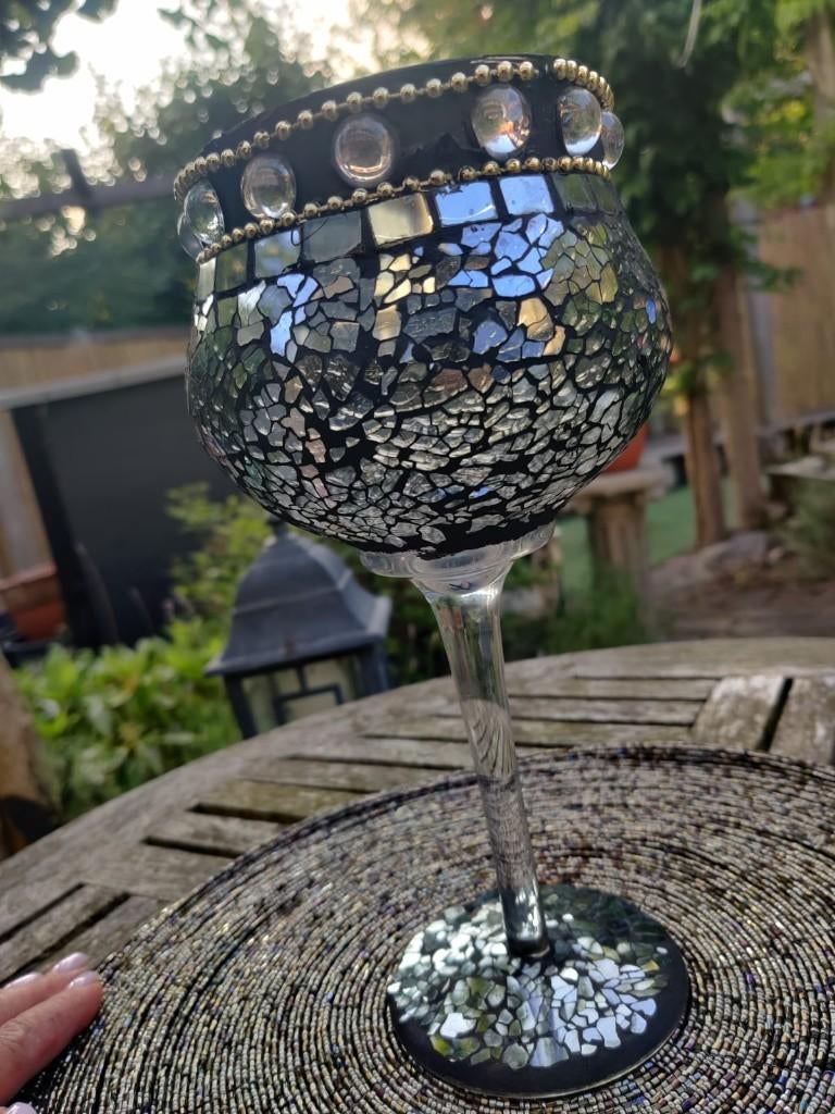 Mozaïek windlicht / graal op voet – zwart & zilver (25 cm), Antiek en Kunst, Ophalen