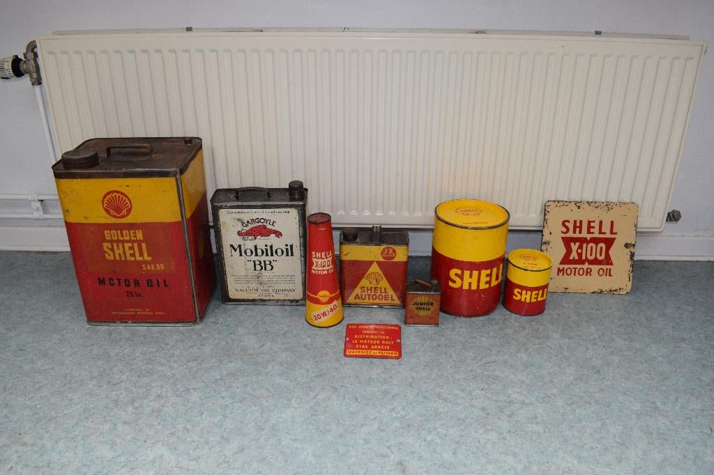 verzameling olie blik emaillebord shell mobiloil reclamebord, Ophalen of Verzenden, Gebruikt, Reclamebord