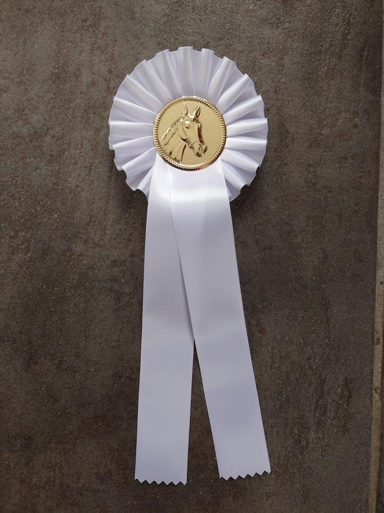 250 witte rozetten met gouden paardenhoofd, Ophalen of Verzenden