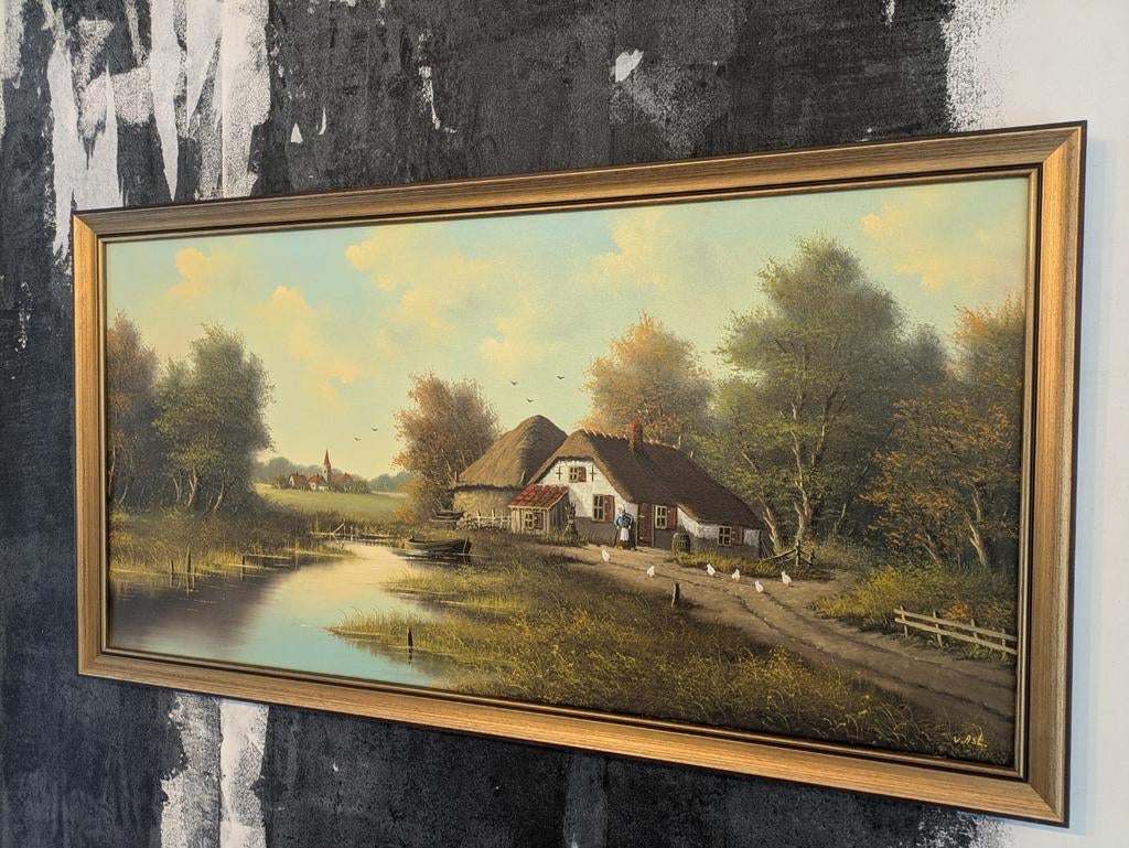 Schilderij met landschap en boerderij, Ophalen of Verzenden