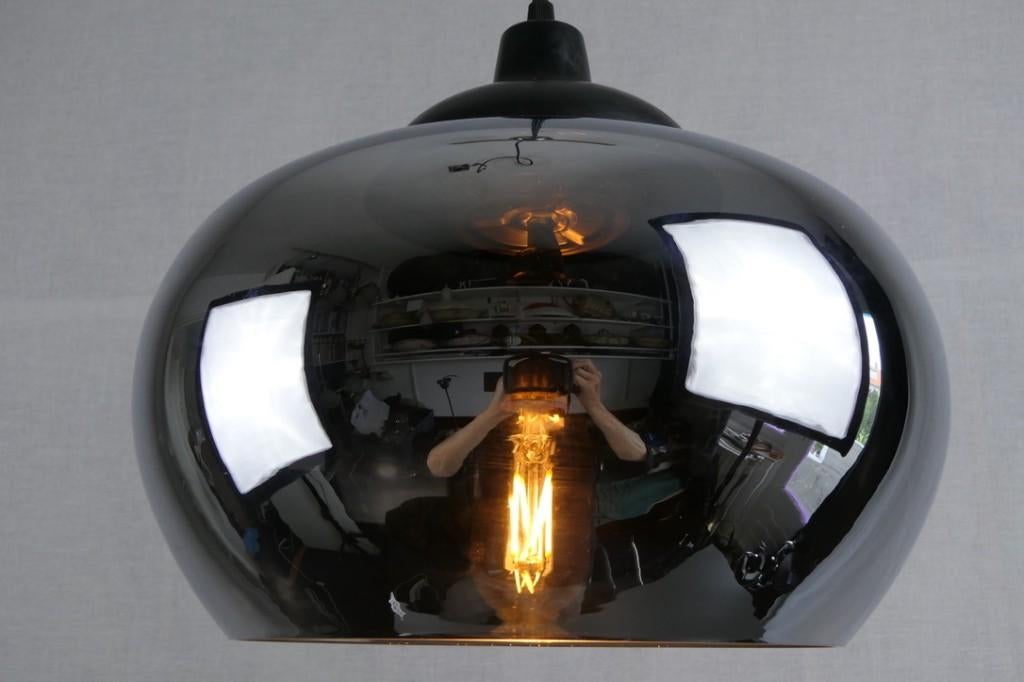 Glazen bol hanglamp met doorzichtige spiegelcoating, Modern vintage, Ophalen of Verzenden, Zo goed als nieuw, 75 cm of meer