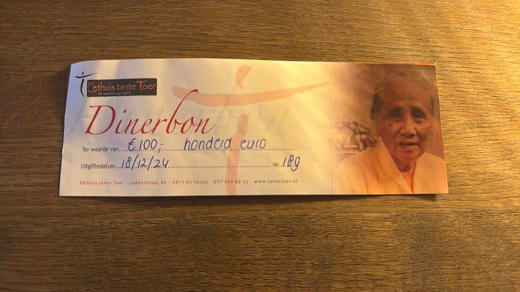 Dinerbon Eethuis tante Toer in Venlo, Tickets en Kaartjes, Kortingen en Cadeaubonnen, Twee personen, Cadeaubon