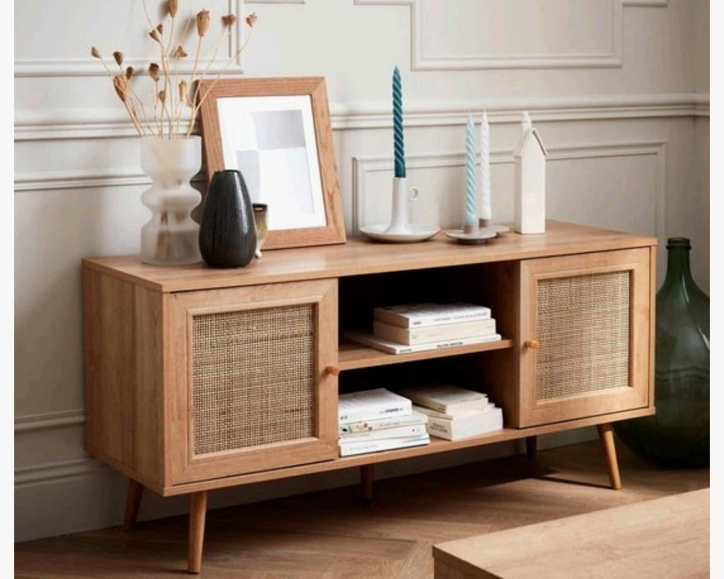 Rotan tv meubel houtlook Scandinavische look, Ophalen, 100 tot 150 cm, Scandinavisch / boho, Zo goed als nieuw