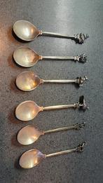 6 oude verzilverde lepeltjes met dieren afbeelding, Ophalen of Verzenden