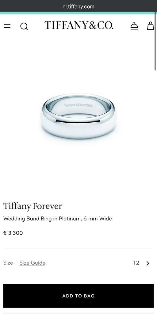 Tiffany Forever trouwring platina 6 mm, Overige materialen, Gebruikt, 20 of groter, Ophalen of Verzenden