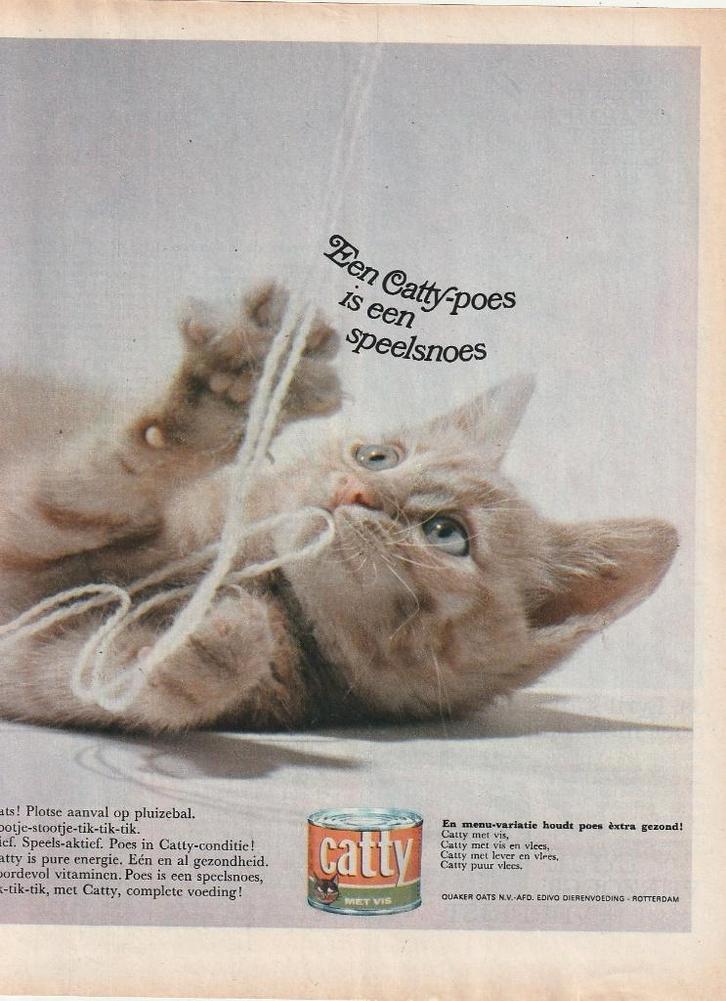 Retro reclame 1966 Catty kattenvoer poes pluizebal, Verzamelen, Retro, Overige typen, Verzenden