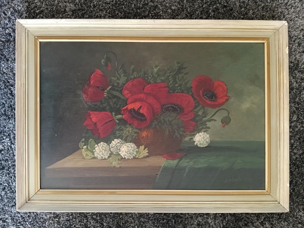 Henriette Hubregtse (1879-1959) - Stilleven met klaprozen, Antiek en Kunst, Kunst | Schilderijen | Klassiek, Ophalen of Verzenden