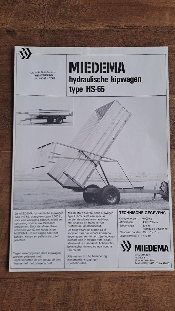 Folder MIEDEMA hydraulische kipwagen type HS-65, Ophalen of Verzenden, Zo goed als nieuw, Folder