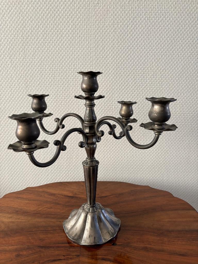 Vintage tinnen of verzilverde vijf-armige kandelaar., Ophalen of Verzenden, Overige materialen