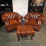 Chesterfield fauteuil set antiek bruin + hocker - nieuw, Chesterfield, Nieuw, Ophalen of Verzenden, 75 tot 100 cm