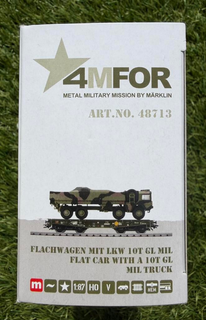 Märklin HO 48713 4MFOR lageboordwagen met militaire 10Ttruck, Hobby en Vrije tijd, Modeltreinen | H0, Nieuw, Wagon, Wisselstroom