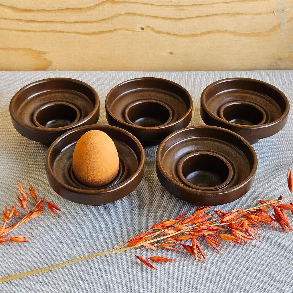 Driehoek Huizen Holland set van 5 eierdopjes bruin, Keramiek, Overige typen, Ophalen of Verzenden, Zo goed als nieuw