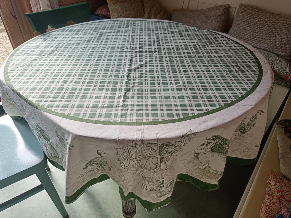 Landelijk rond groen/creme geblokte kleed/boerijafbeeldingen, Huis en Inrichting, Ophalen of Verzenden, Gebruikt, Rond, Binnen