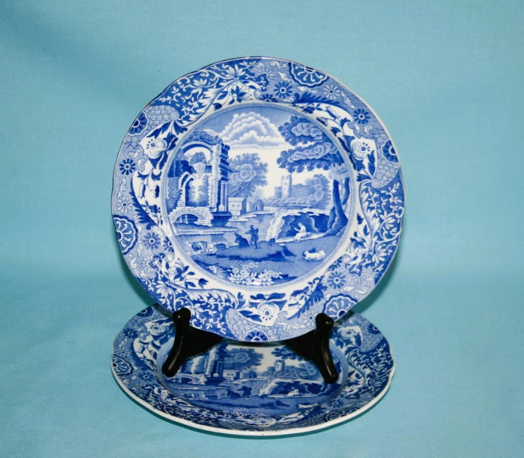 Spode " Italian Blue " 2 x Lunchborden 19cm - Blauwe stempel, Ophalen of Verzenden, 2de Hands, Bord(en), Overige stijlen