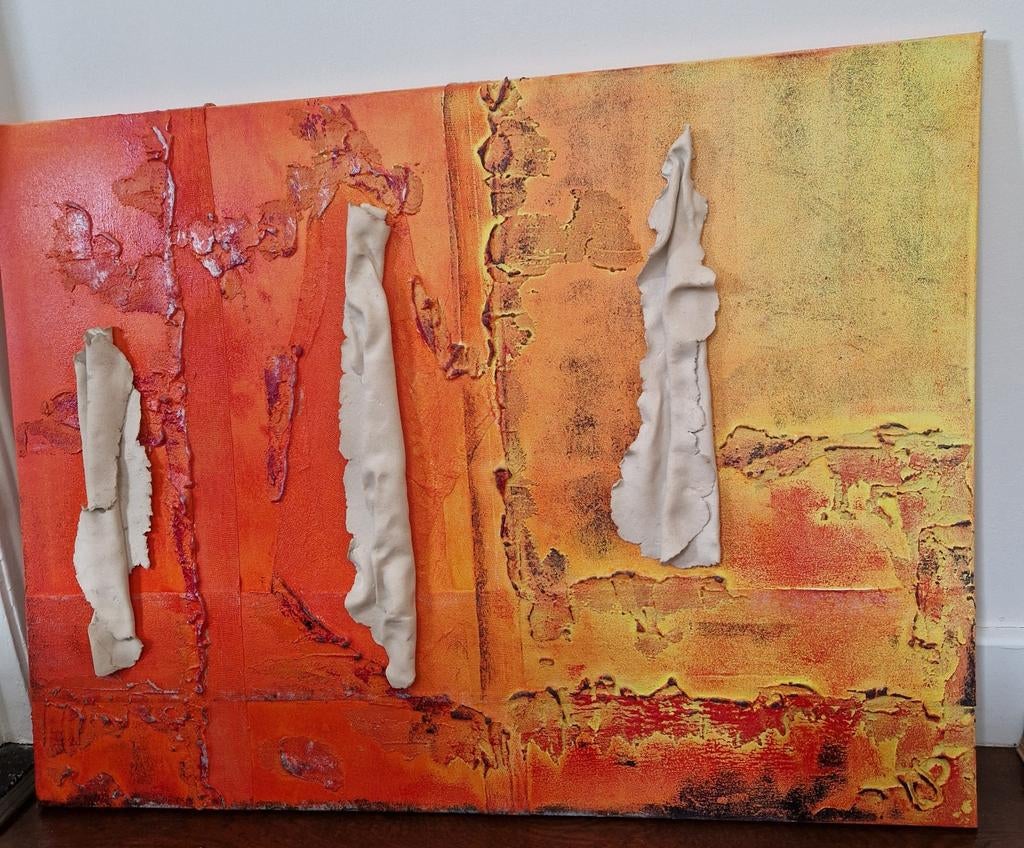 Abstract schilderij met textuur in oranje en geel, Antiek en Kunst, Kunst | Schilderijen | Abstract, Ophalen of Verzenden