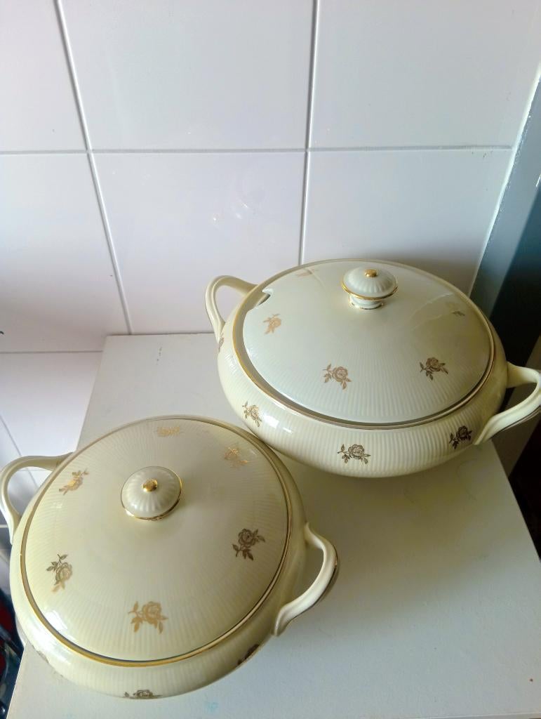 Art Deco Set Dekschalen Gido "Adele" Gouden Bloemen F93 & 58, Ophalen of Verzenden