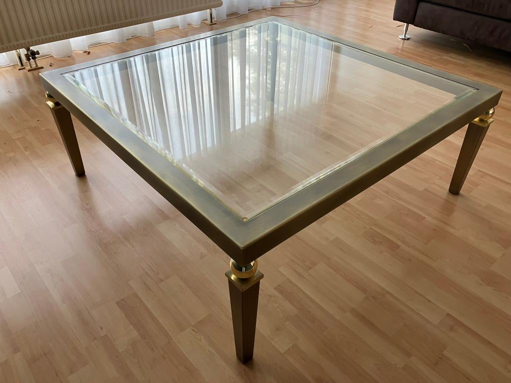 Exclusieve Hollywood Regency Salontafel – Messing & Glas, Huis en Inrichting, Tafels | Salontafels, Ophalen, Gebruikt, Vierkant